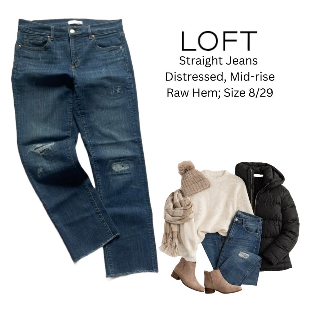 LOFT Mid-Rise Straight Jeans with Raw Hem and Distressing sz 8/29